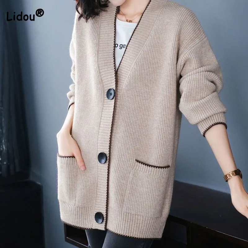 Solid Color Button All-match Sweaters Cardigan Women\'s Clothing Autumn Winter Korean Loose V-Neck Fashion Pockets Knitted Tops