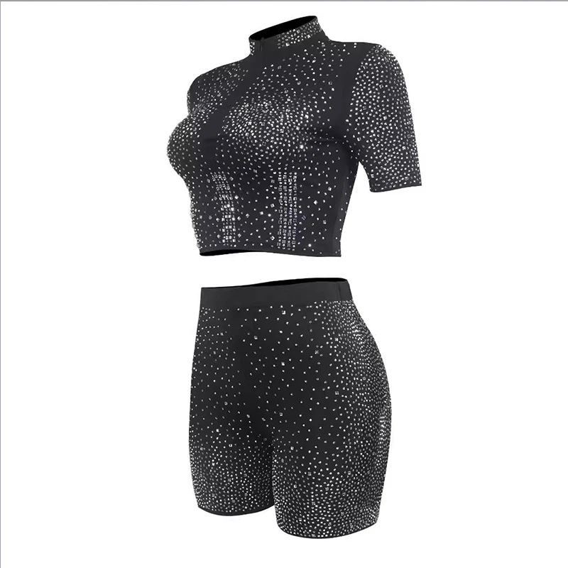 Women\'s Sexy V-neck rhinestone short sleeved shorts sports Two-piece set Ultimate Waist Hip ratio Clothing 2024 New Item