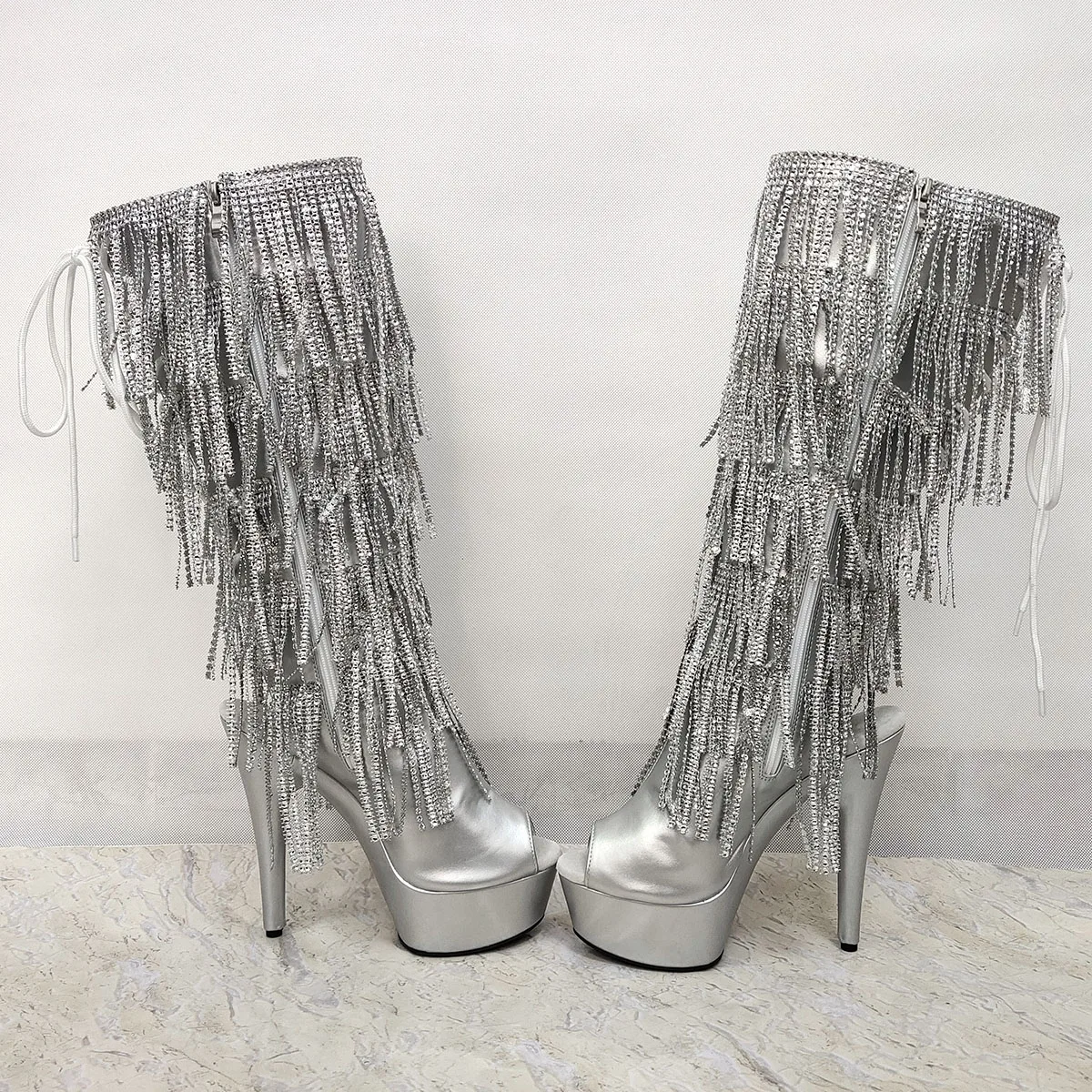 Mid-Calf Silver Exotic 6Inch Peep Toe Fringe strips Thigh High Boots Pole Dance Shoes Big Size Women Gothic Gladiator Rhinestone