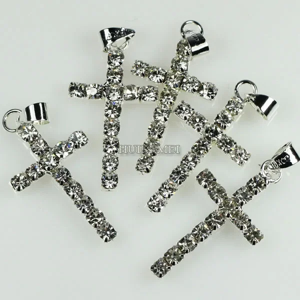 Wholesale 10pcs/lot 29x15mm Silver Plated Czech Crystal Rhinestone Cross Pendant Beads Fashion Necklace Pendants for Women