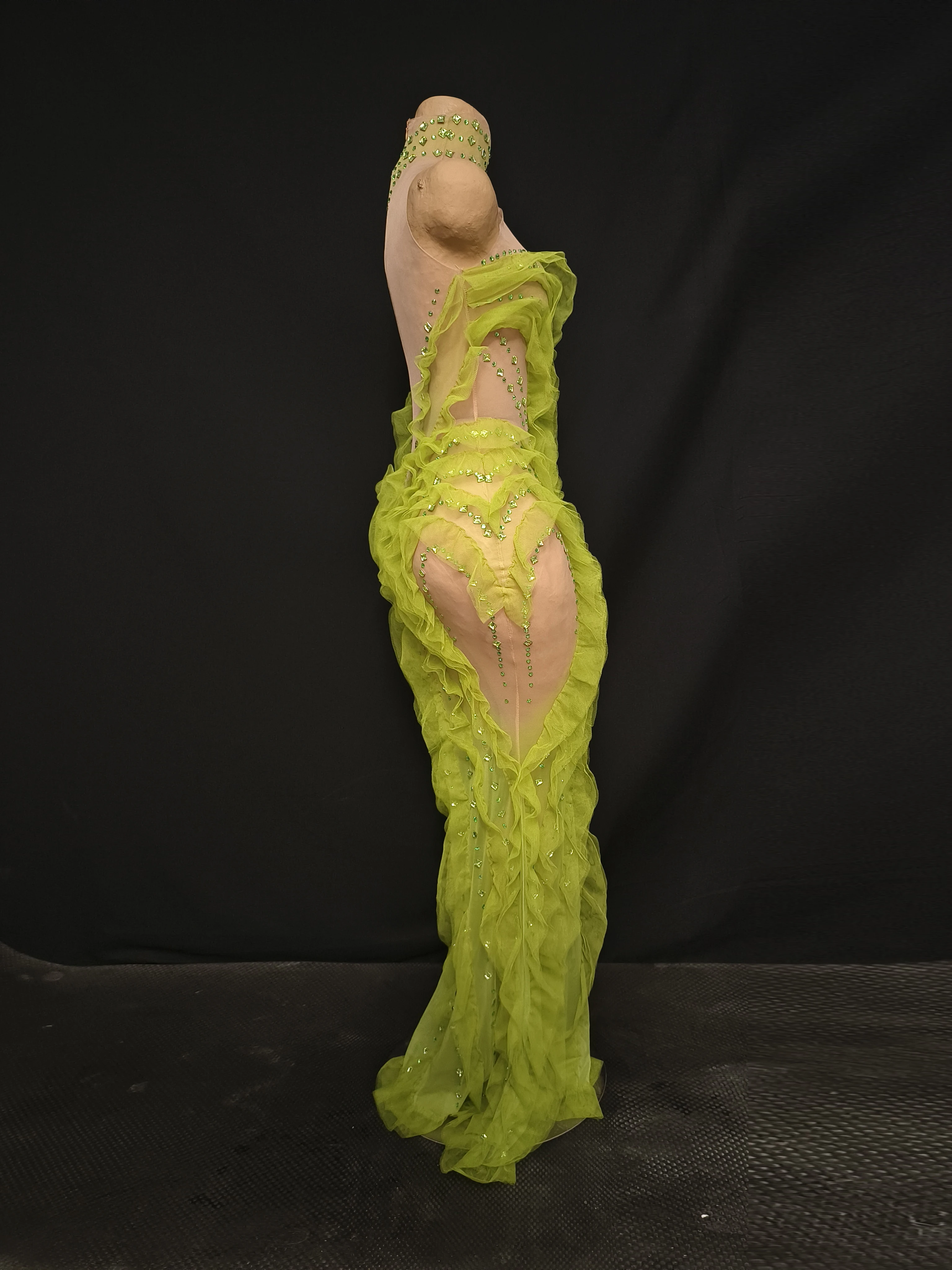 Elegant Sparkly Green Rhinestones Mesh Sheer Ruffle Maxi Dress Celebrate Eveing Birthday Party Nightclub Red Carpet Stage Wear