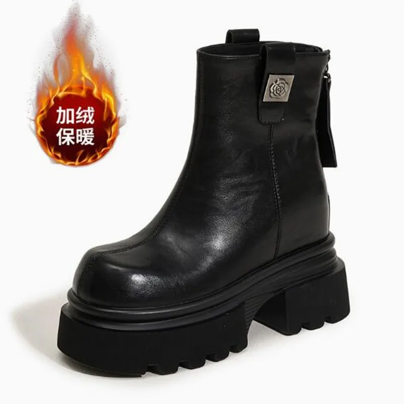 10cm New Microfiber Leather Boots Winter Ankle High Booties Fashion ZIP Women Platform Wedge Autumn Chimney Plush Spring Shoes