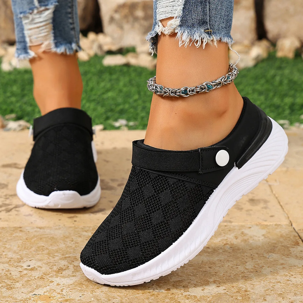 Verstellbare Schnallen-Rückenriemen Keilabsatz-Pantoletten für Damen, Atmungsaktives Strickmesh, Rutschfeste Weiche Sohle, Tägliche Geh- und Freizeitschuhe – Detail 12