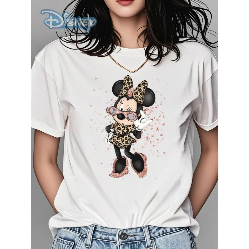 

Летняя хлопковая женская футболка с леопардовым принтом Disney Minnie Meets с розовыми пайетками и круглым вырезом, с короткими рукавами, одежда