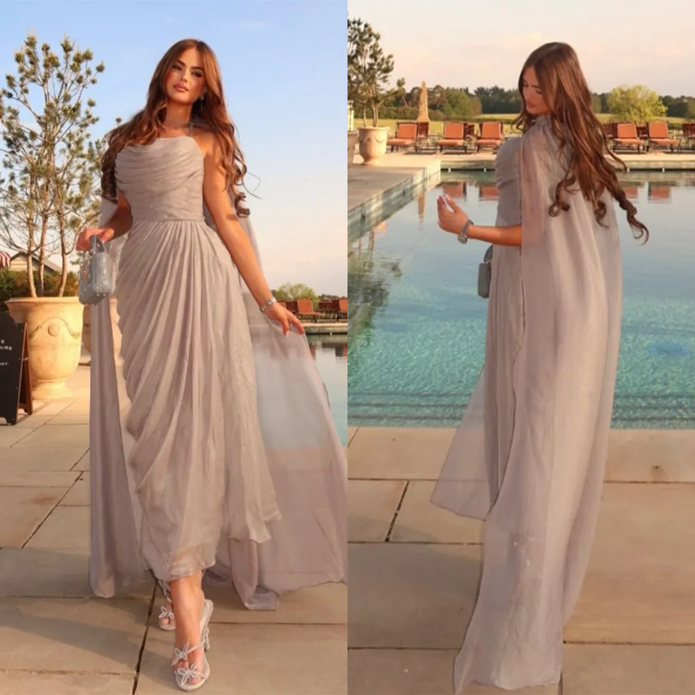 

High Quality Customized Ankle Length Wrinkle Strapless Sleeveless Brown Robe Pour Mariage Invité Evening Gowns Dress for Women