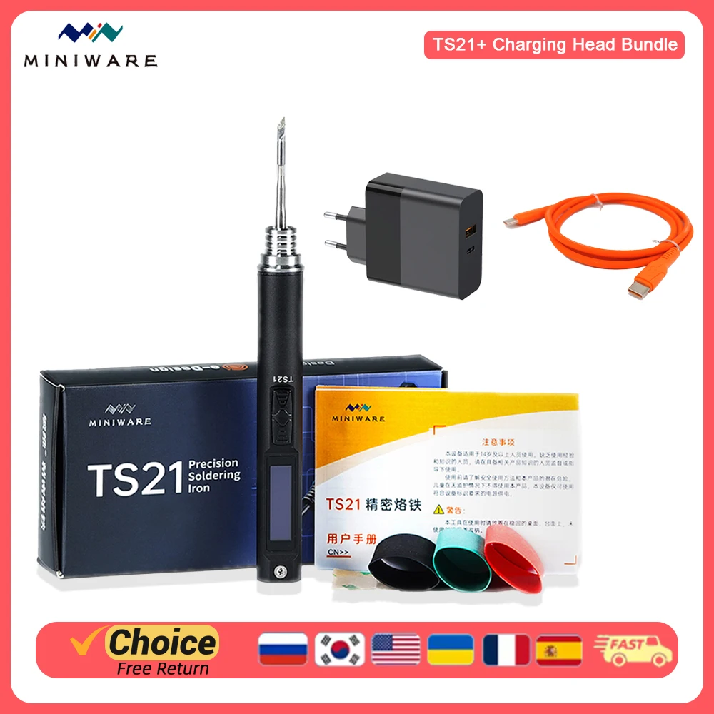 

Комплект зарядного устройства MINIWARE TS21 с быстрой зарядкой PD3.1, интеллектуальным режимом сна, контролем температуры PID, портативный инструмент для ремонта электроники