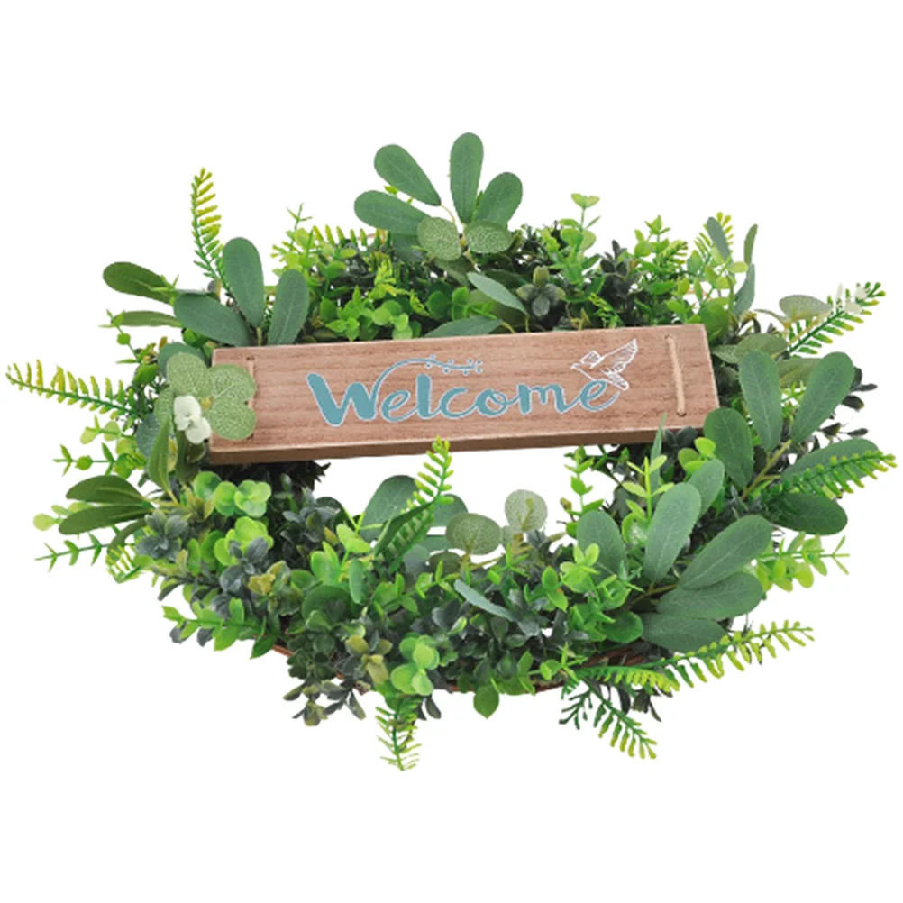 

1Set Wooden Tag Artificial Leaves Wreath Spring Season Welcome Wreath Front Door Hanging Home Decoration Front Door Adornment