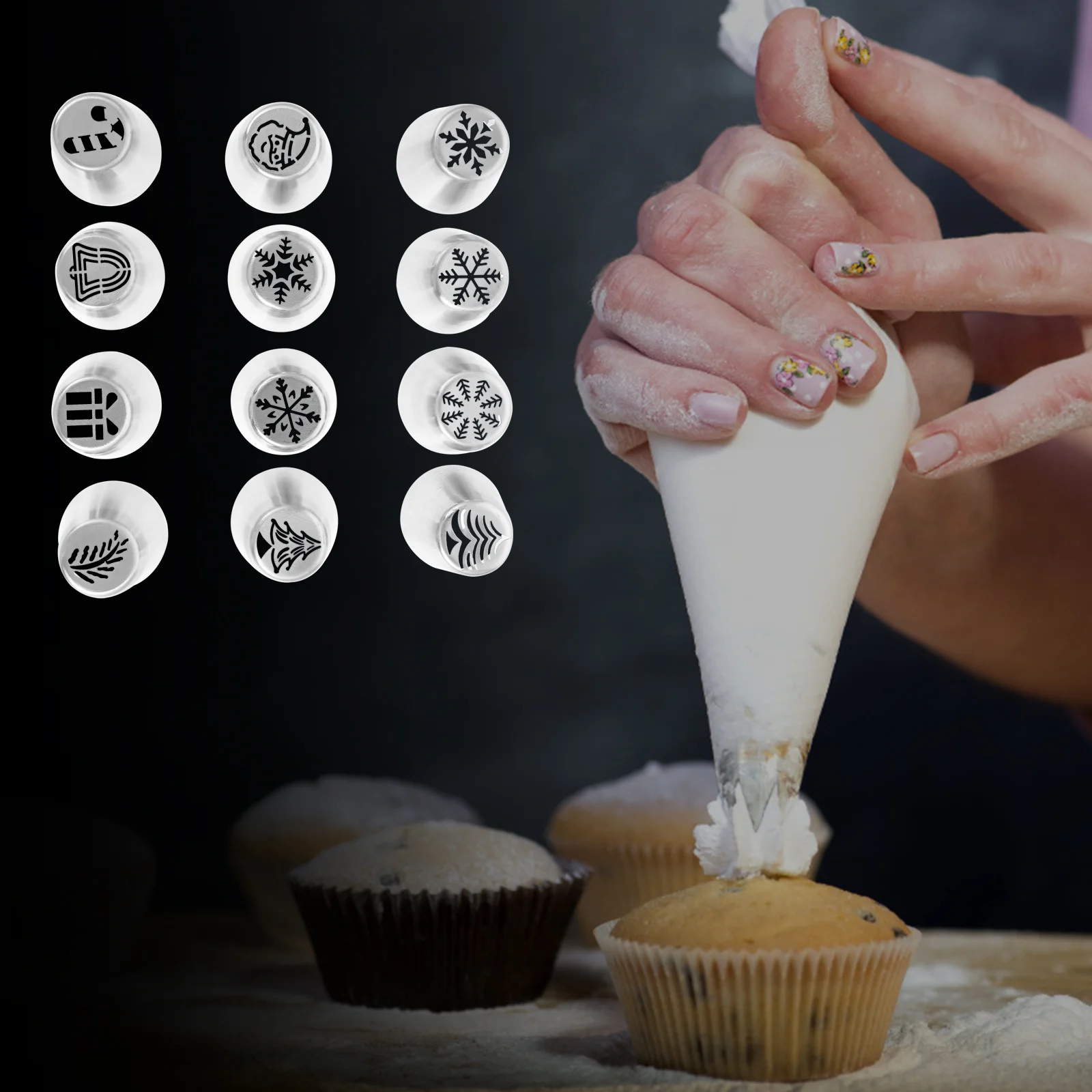 

12 шт., рождественские насадки для торта из нержавеющей стали, портативные многоразовые инструменты для выпечки для украшения кондитерских изделий, кексов, печенья, кухни