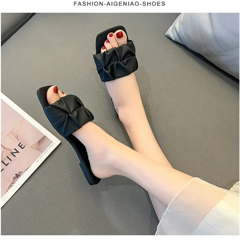 

2024 New Top Summer Slippers for Women Flip Flops Flats Pleated Korean Slippers Women Sandals Green Slip on Shoes Big Size 35-42