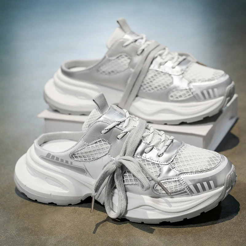 

Мужские получешки на платформе с сеткой, сабо, кроссовки с закрытым носком на толстой подошве, лоферы без шнуровки с открытой спиной, тапочки, повседневная обувь с полудрагоценным носком