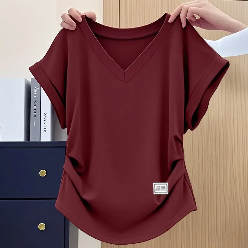 Summer 2026 NEW Sexy V Neck Slim T Shirt Women Cotton Basic Solid Female Casual Tops Short Sleeve Thin T-shirts Soft Comfy Tee