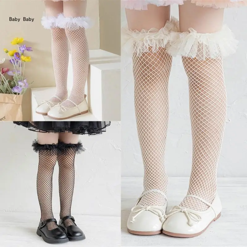 

Over the Knee Fishnet Socks Kids Stockings Breathable Lace Trim Ballet Socks Q81A