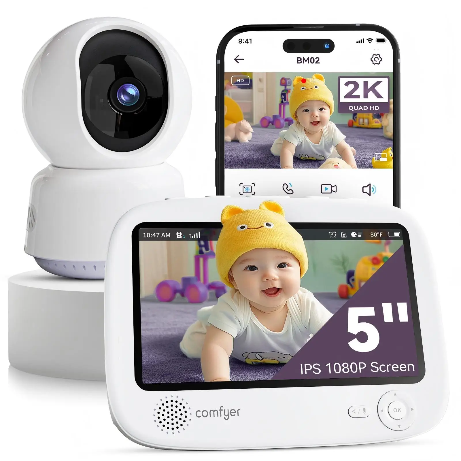 

Comfyer Smart WiFi Baby Monitor -5" Split Screen 2K Camera App Control Motion Alerts Sound Detection Multi-User HD Night Vision