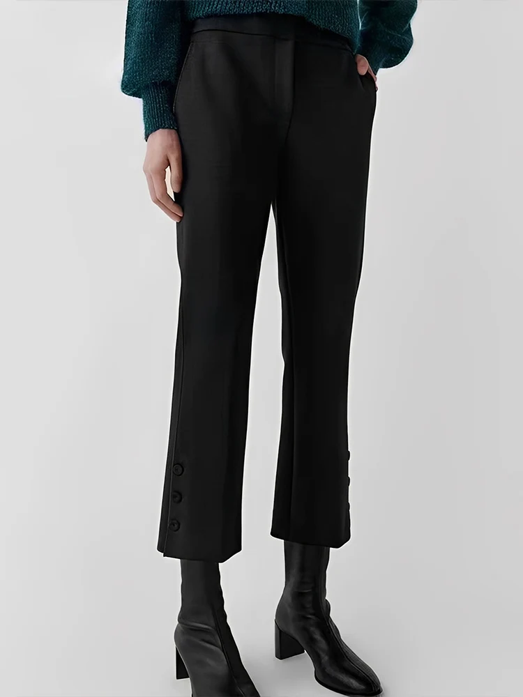 

Элегантные женские брюки прямого кроя с пуговицами, средней посадкой, из модала, стройнящие, весна 2026, новый стиль, для офиса
