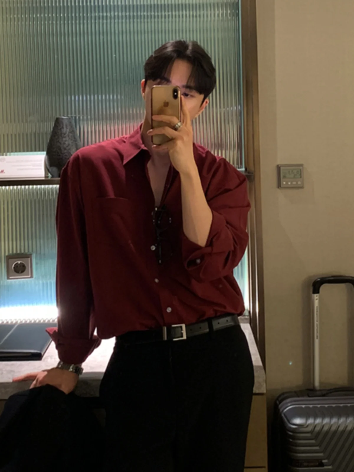 

Red Wine Color Long Sleeve Men's Shirt Spring Autumn Style Korean Trend High Grade Feeling Handsome Top Light Maturity Wind S...