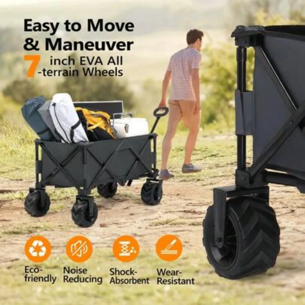 Folding Wagon Cart, Collapsible Outdoor Utility Garden Beach Cart, 150lbs Heavy Duty Loading, Removable Fabric Liner, Adjustable Handle, 360 Degree Swivel Front Wheels, Portable for Shopping Camping Picnics Festivals Yard Work, Easy Fold Compact Design