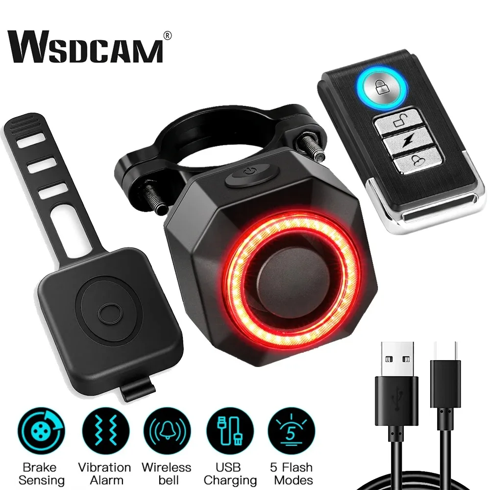 WSDCapture d\'écran d\'alarme de vélo étanche, feu arrière antivol, télécommande, protection de sécurité moto, chargement USB, 110dB