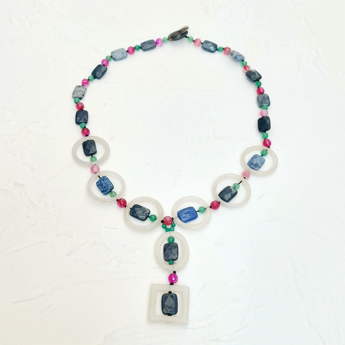 

Lii Ji Real Stone Blue Pink Green White Women Necklace 66cm Agate Blue Jades Jewelry Gift Stock Sale