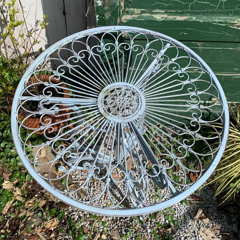 Vintage Blue Wrought Iron Folding Table with Floral Cutout Design