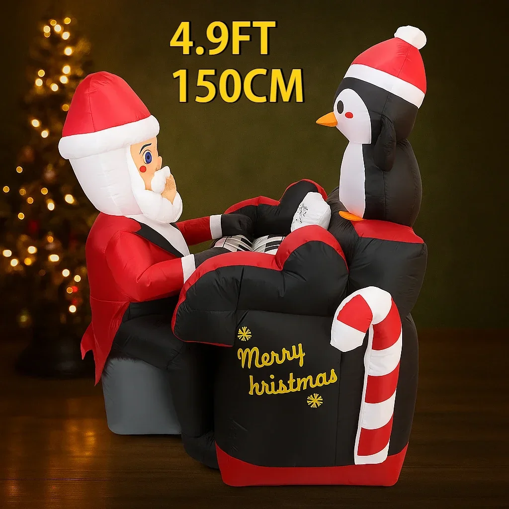 4.9FT Christmas Inflatable Decorations Toy Santa Penguin Playing Piano LED Holiday Gift Festive Supply Xmas Ornament Home Decor