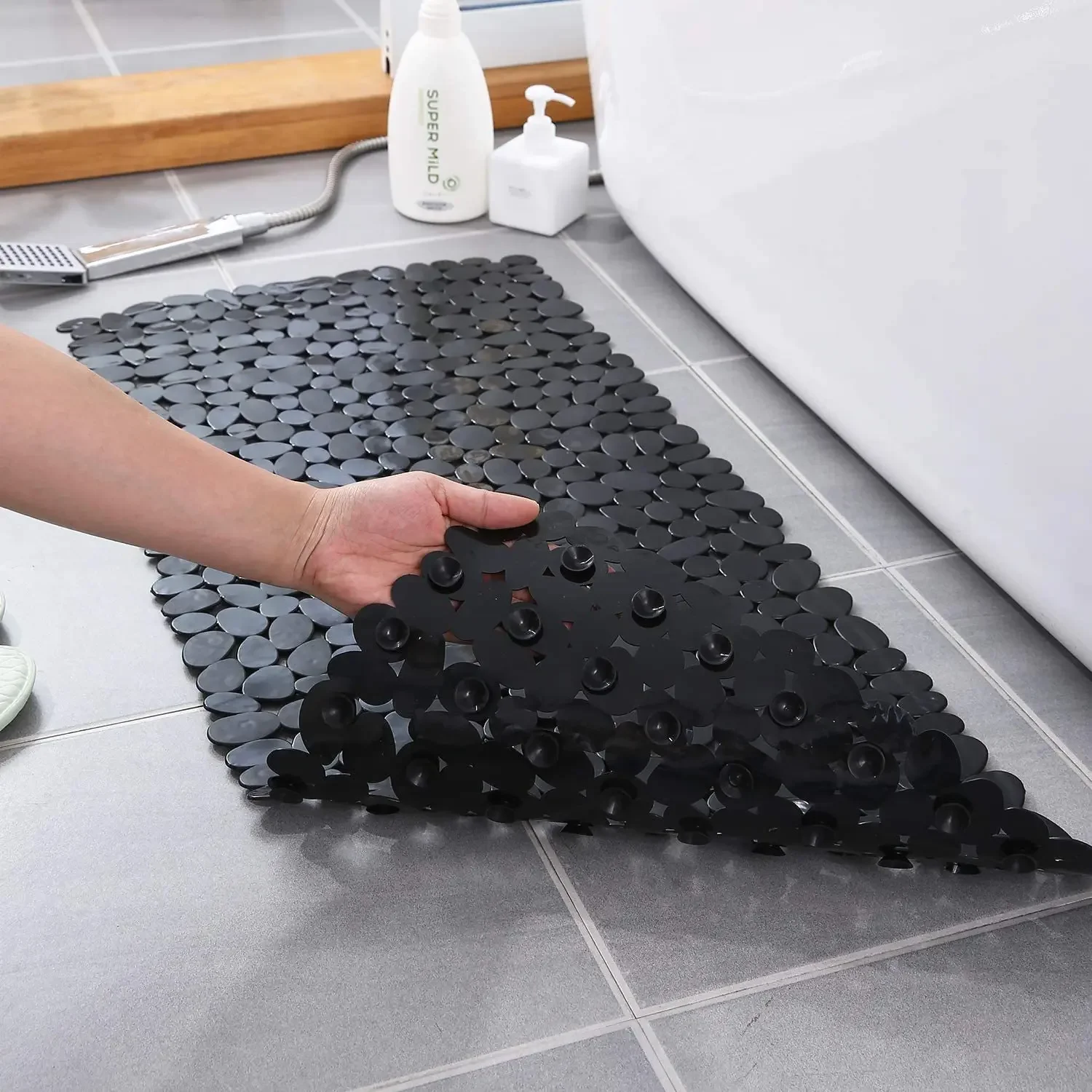 88x40cm Pebble-Patterned Bathroom Anti-Slip Mat Bathtub Mat Stone-Style Foot Shower Anti-Fall Suction Cup Mat