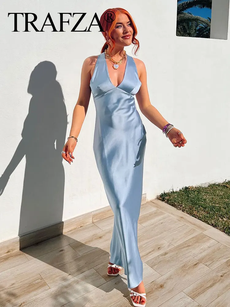TRAF-Robe de Soirée en Satin pour Femme, Col en V, Dos Croisé, Ajourée, Chic, Sexy, Fermeture Éclair, Été