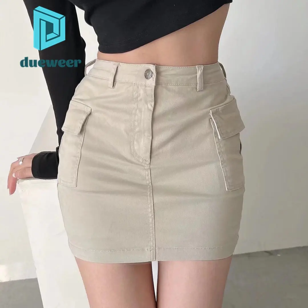 DUEWEER Retro Cargo Skirts Women 2022 Summer Gyaru Girl High Waist Side Pocket Elastic Wrap Skirt Sexy Mini Short Streetwear