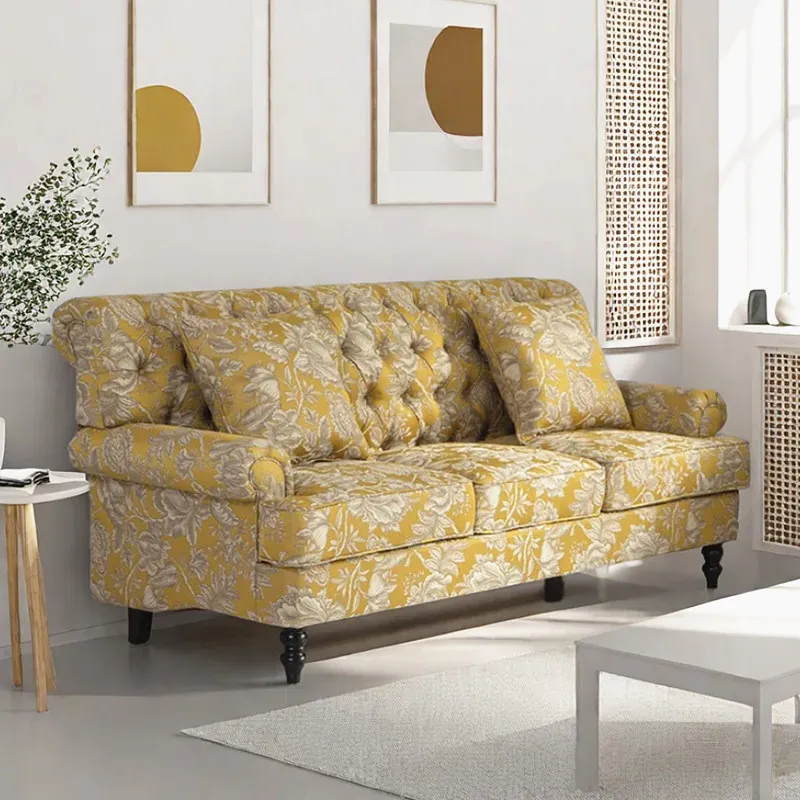 أريكة غرفة المعيشة الخشبية الصلبة الرجعية شقة صغيرة عالية الظهر الأصفر الرعوية سحب مشبك النسيج أريكة ثلاثة أشخاص #3