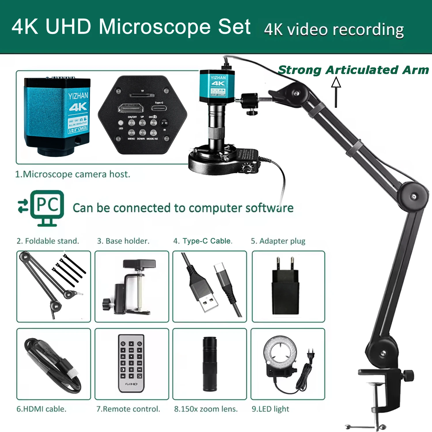 YIZHAN 48MP 4K Digitale Elektronische Microscoop Voor Solderen HD 1080P HDMI Camera USB Software 1-150x Lens upgrade Gelede Arm