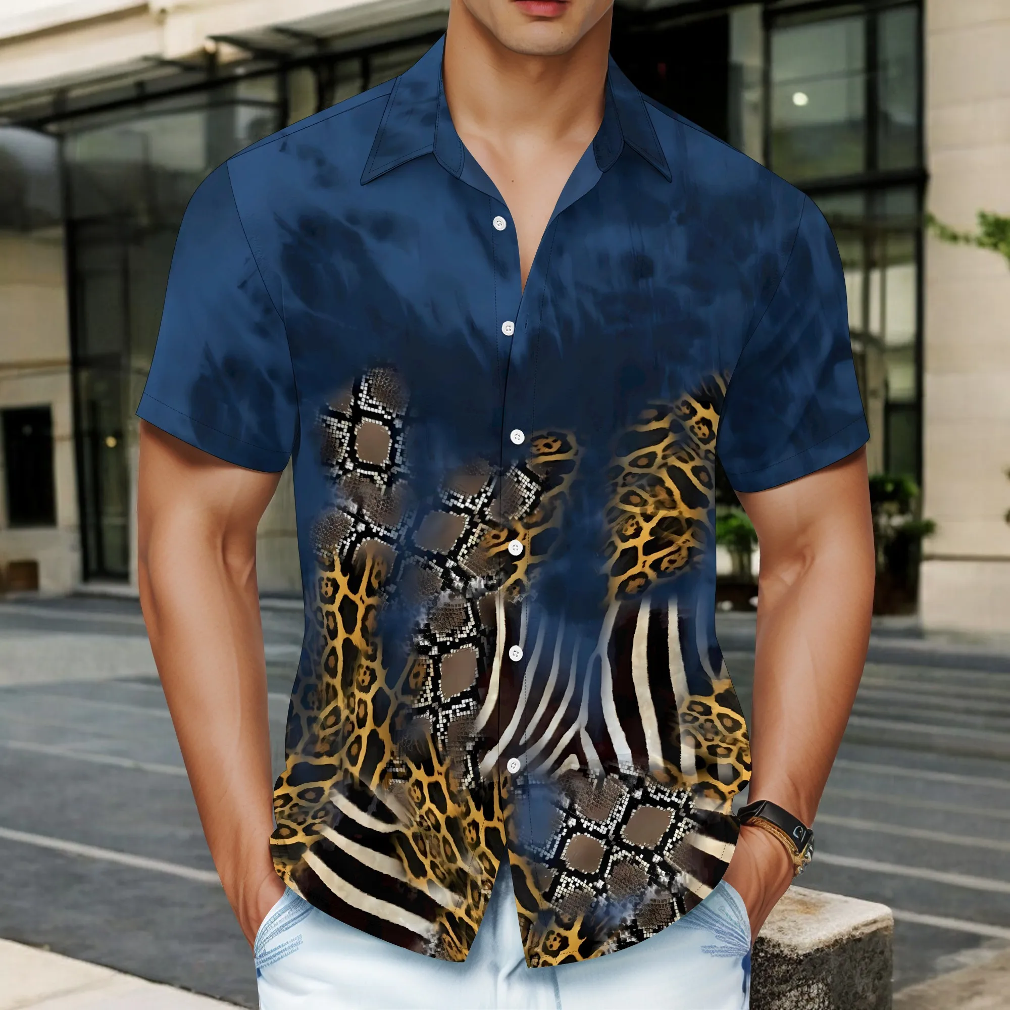 

YEAE Colorful Geometric Patchwork Print Shirt for Men Summer Casual Short Sleeve Top