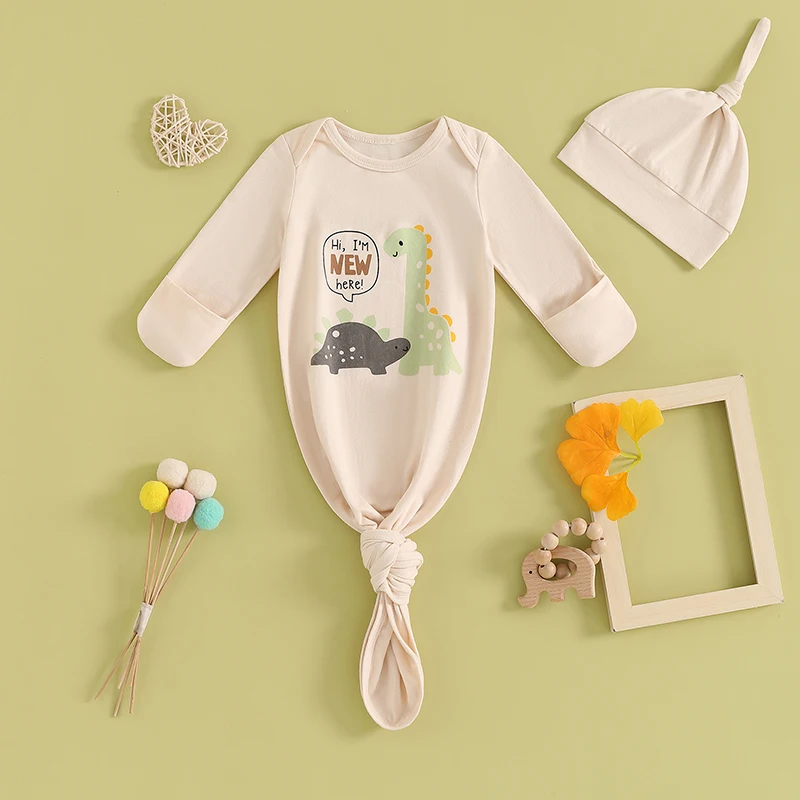 신생아 아기 여아 남아 수면 가운, 긴팔 공룡 프린트 아기 수면 가방, 유아 착용 담요, 모자 포함