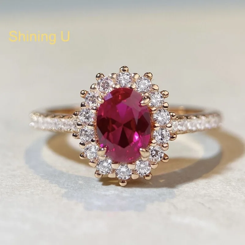 

Shining U 925 Sterling Silver Ruby Oval Gems Ring for Women Fine Jewelry Engagement