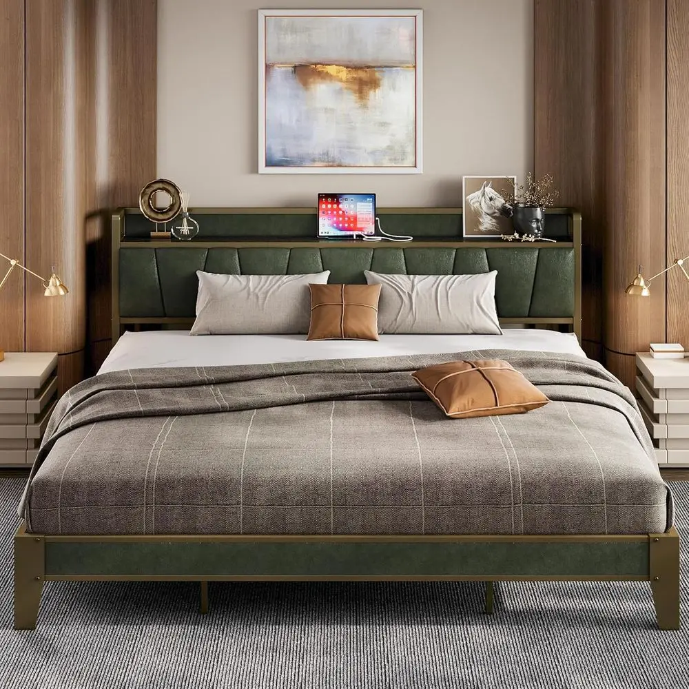 

LIKIMIO King-Size Bed with Storage, Charging Station, Sturdy and Quiet, No Box Spring Required, Simple Assembly (Green)
