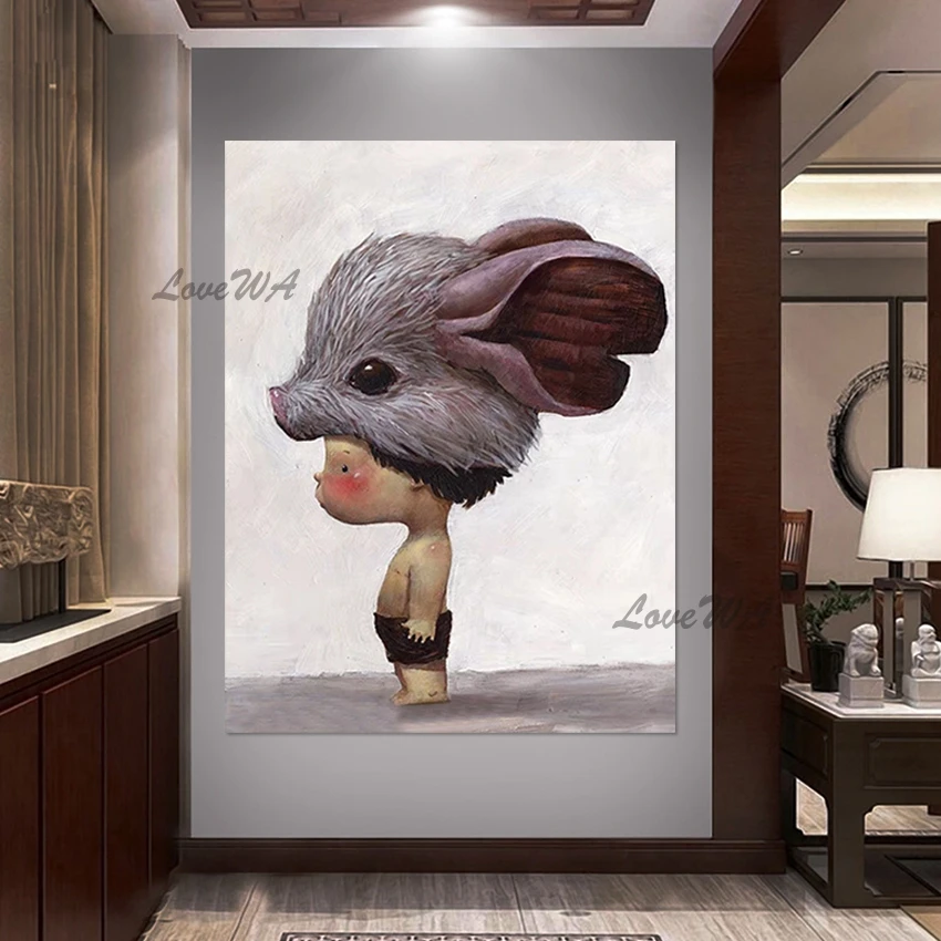 

Restaurant Decoration Canvas Roll Hand Painted Figure Art Wall Picture Simple Style Modern Animal Head Abstract Design Artwork