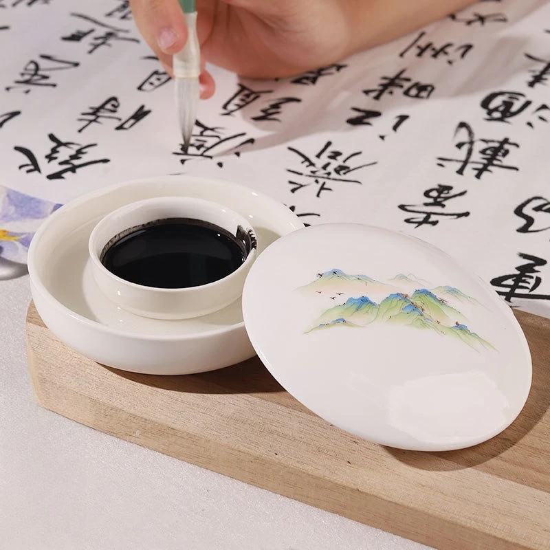 

Ceramic Inkstone Double Ring with Cover Ceramic Inkstone Student Multifunctional Ink Disc Four Treasures of The Study