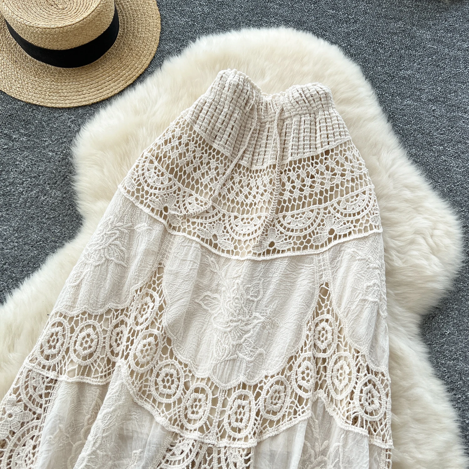 กระโปรงสไตล์ญี่ปุ่นเกาหลี ปักลายฉลุ ถักโครเชต์ เอวสูง ยืดหยุ่นดี เหมาะสำหรับวันหยุดพักผ่อน กระโปรงทรงเอ ความยาวปานกลาง