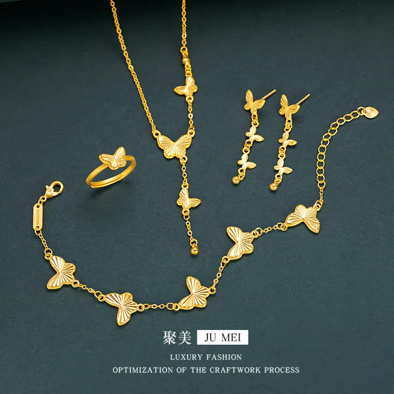 GoldAether Luxury 24K 9999 Pure Gold real gold Gold store three butterfly necklace bracelet ring suit for girlfriend birthday gi