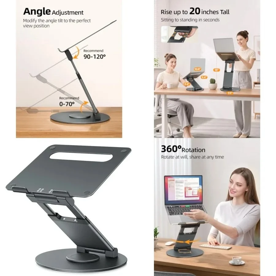 Telescopic 360 Rotating Laptop Stand for Desk Adjustable Height Swivel Pull Out Design Ergonomic Laptop Riser Standing Desk Converter Fits All 10-17" Laptops Computer MacBook, Gray
