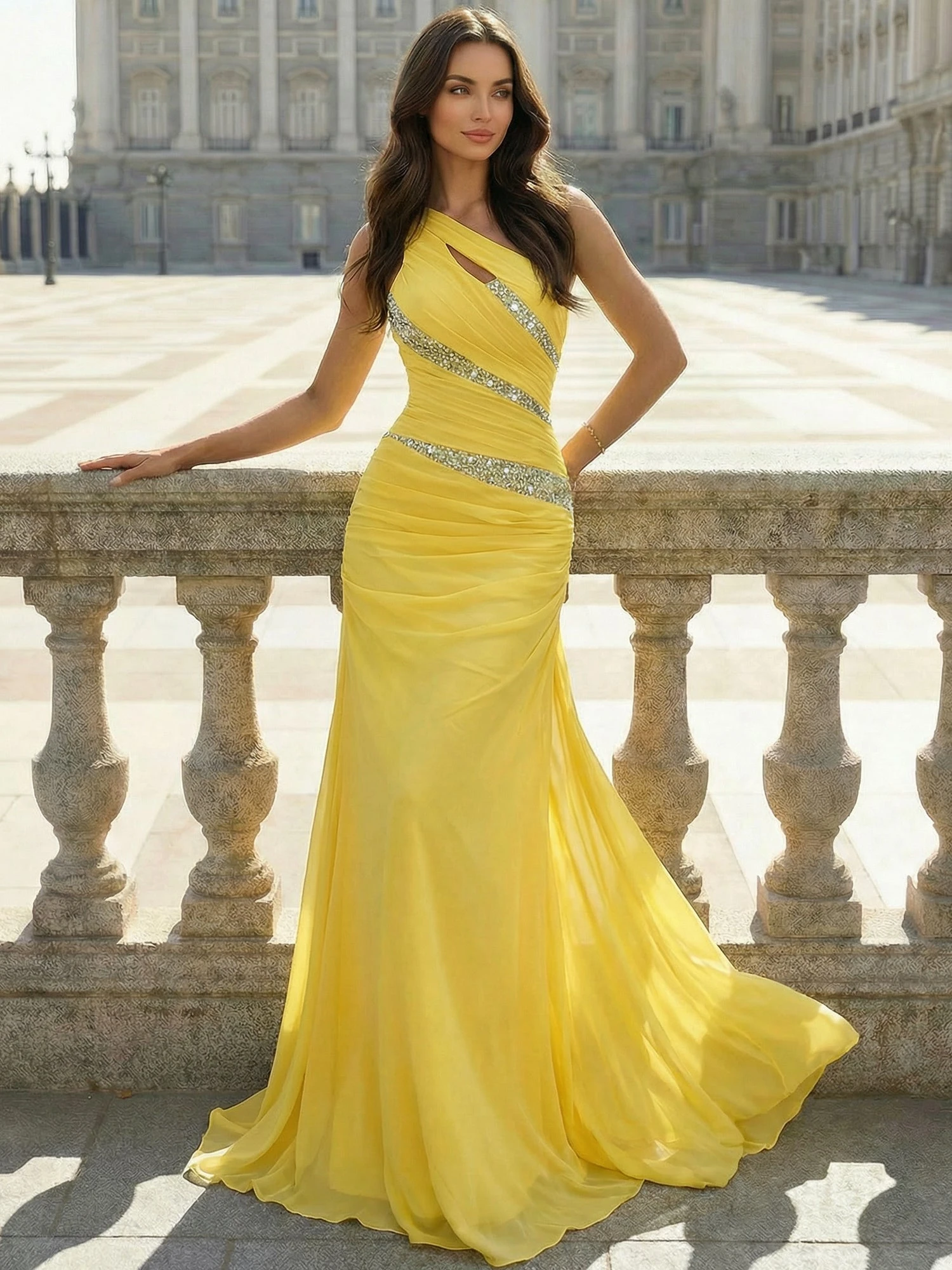 

Graceful Yellow Satin Evening Customized Off-shoulder Sleeveless Celebrity Gowns Sparkly Beading Sequin Homecoming Dresses
