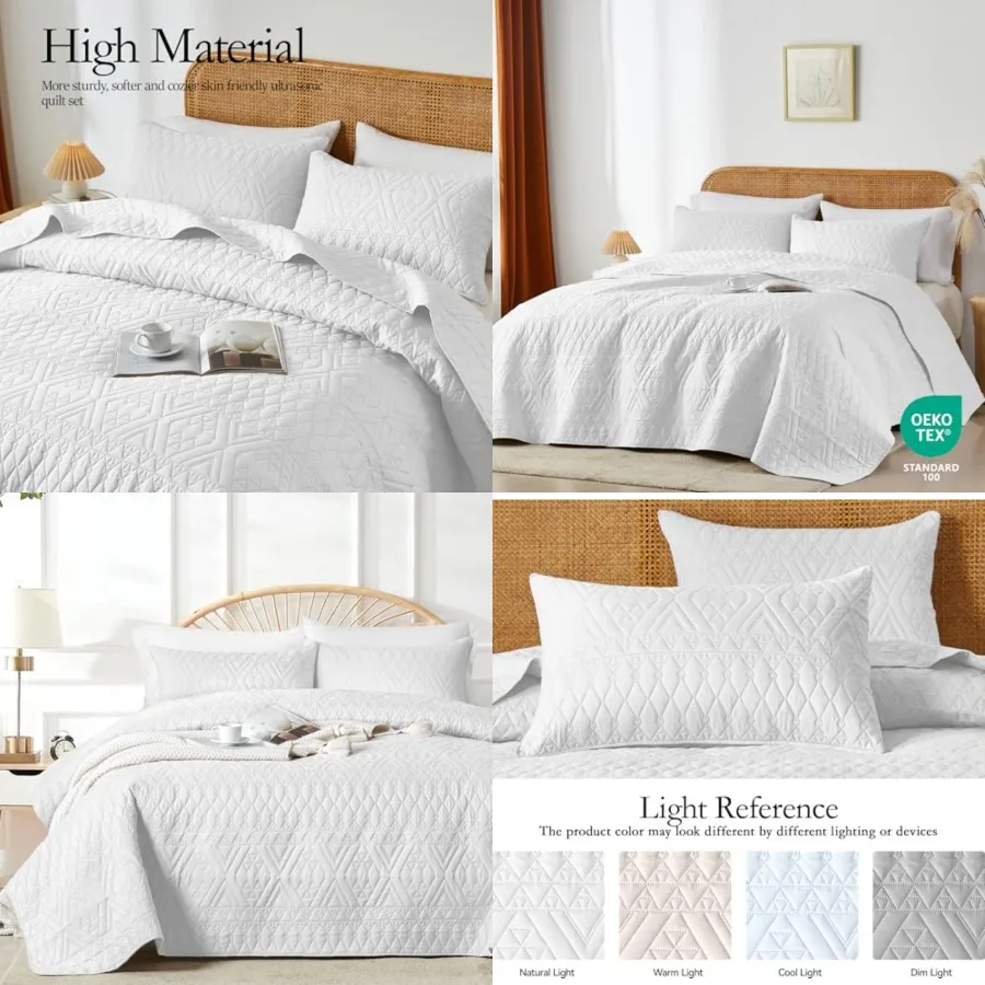 

Size Quilt Bedding Set, White Lightweight Microfiber Soft Bedspread, Modern Style Geoetric Pattern Coverlet Set for All Seasons
