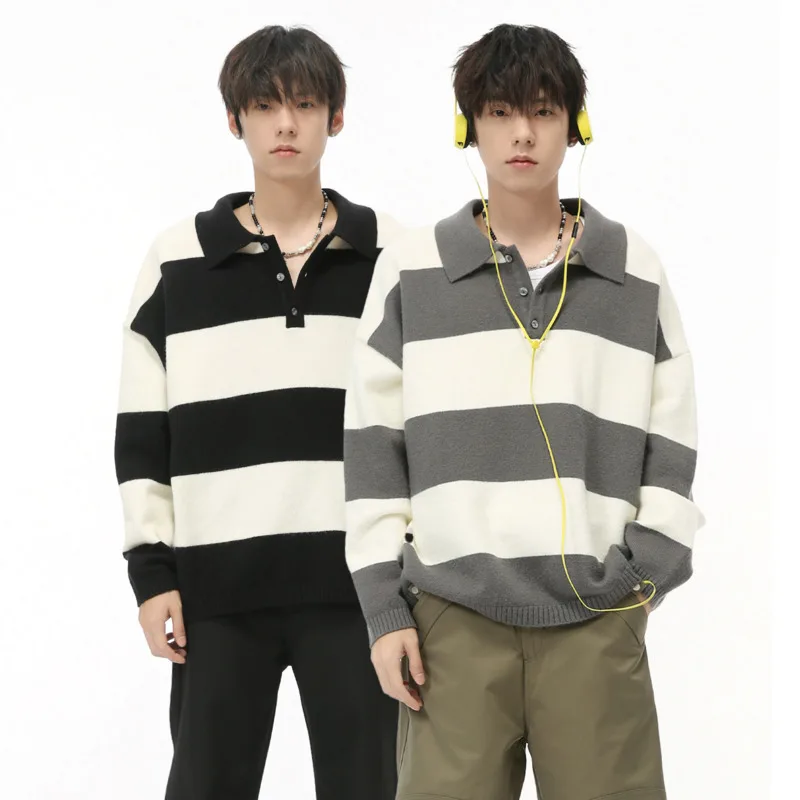 Men's Striped Contract Color Sweater 2024 Autumn Winter Loose Korean Style Kintted Sweater Turn Down Collar Pullover