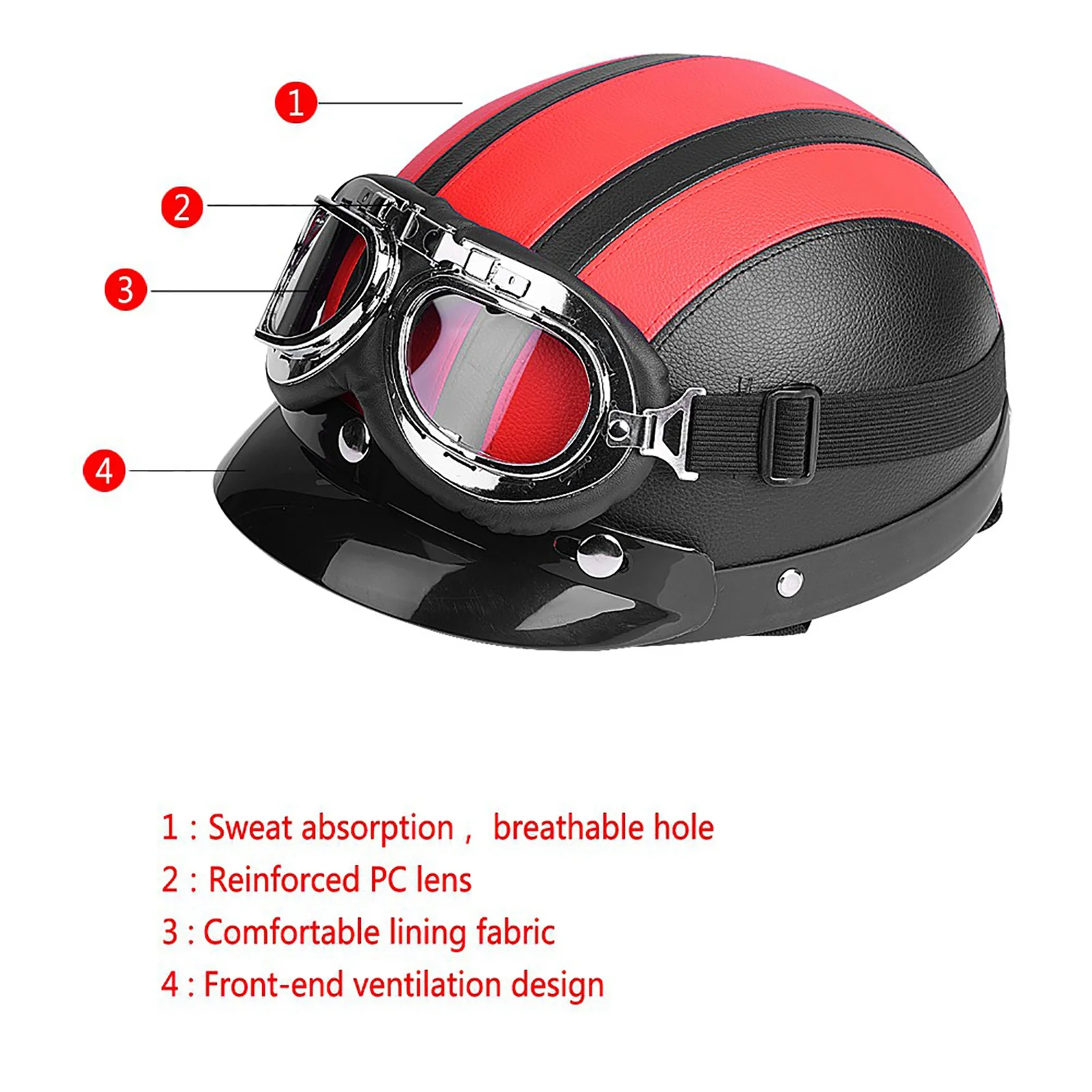 Leather Helmet with Visor UV Goggles  Motorcycle Scooter Synthetic Leather Open Face Half Helmet & Visor UV Goggles
