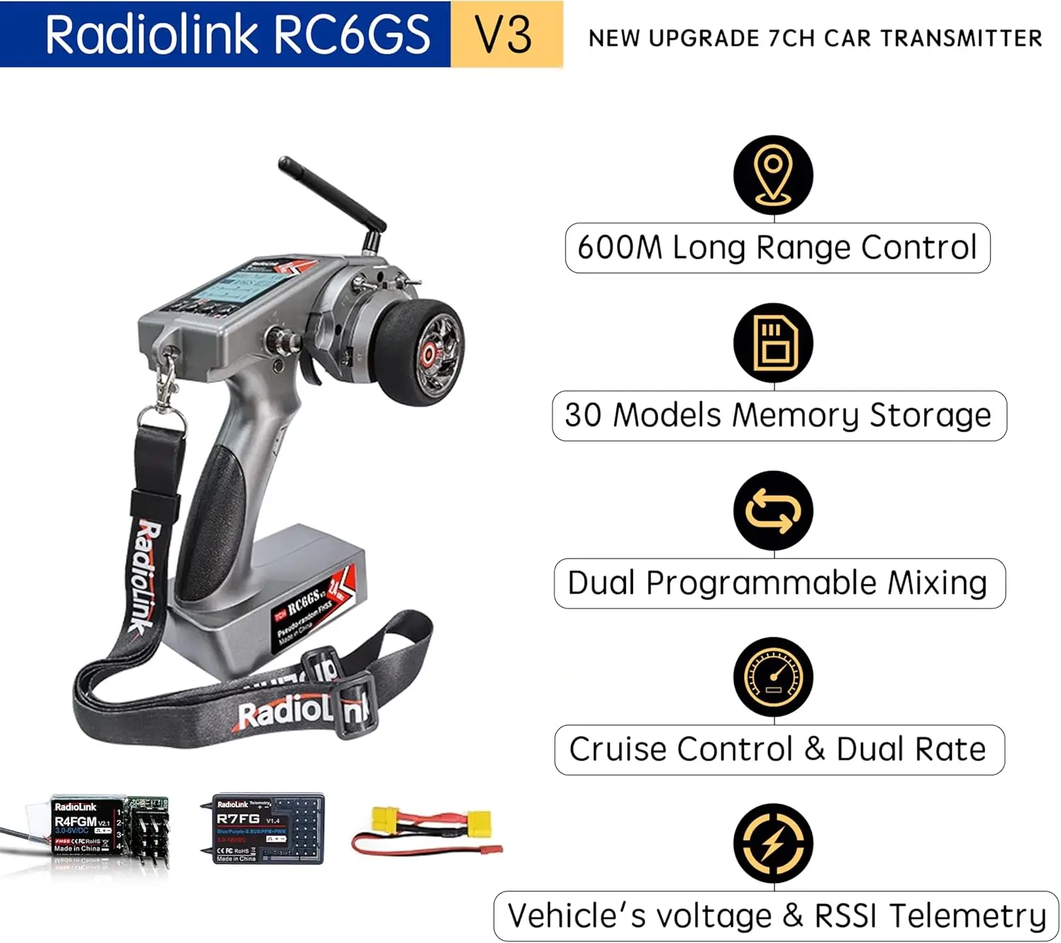 Radiolink RC6GS V3 7CH RC 송신기 자이로 리시버 R7FG R4FGM 듀얼 믹스 프로그래밍 가능 리모컨, RC 자동차 보트 탱크용