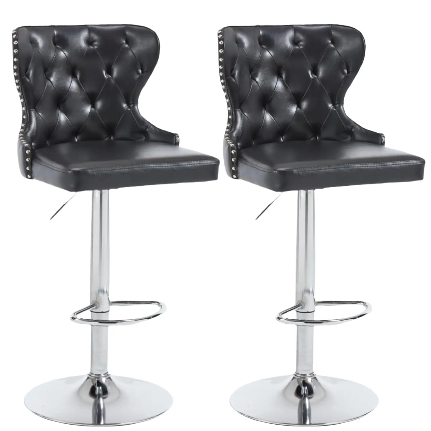 

Set of 2 Adjustable Swivel Bar Stools, PU Leather Upholstered Counter Height Chairs with Nailhead Trim, Silver, Customized