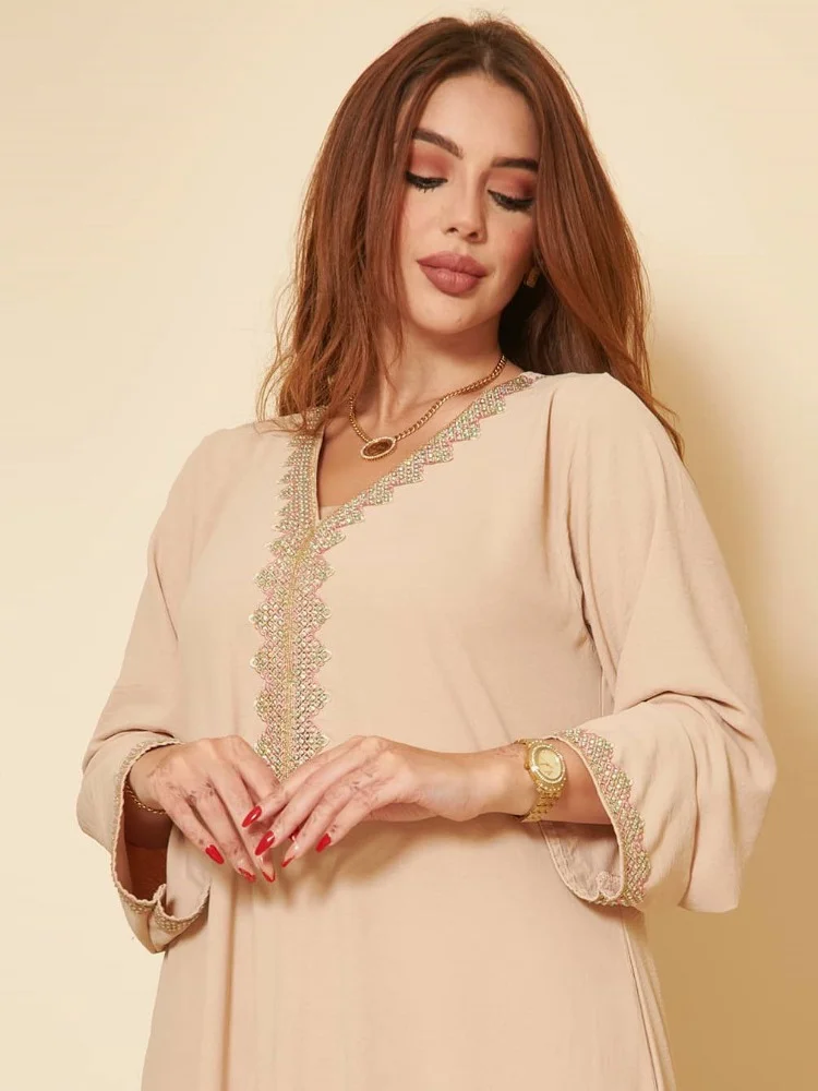2025 nuevo vestido Abaya islámico para mujer banda de Color sólido Abayas de encaje moda suelta ropa de mujer musulmana Dubai Marruecos