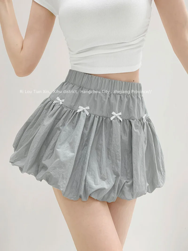 

New 2024 Summer Sweet Cinching Waist Pleated Skirt Women Spicy Girl Niche Bow Decoration Slim Flower Bud Short Skirt 940M