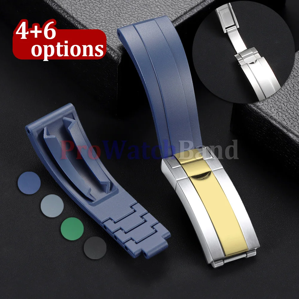 

20mm Curved Rubber Watchband Soft Silicone Strap for Rolex for Oysterflex Men Women Sport Bracelet Gold Folding Buckle Wristbelt