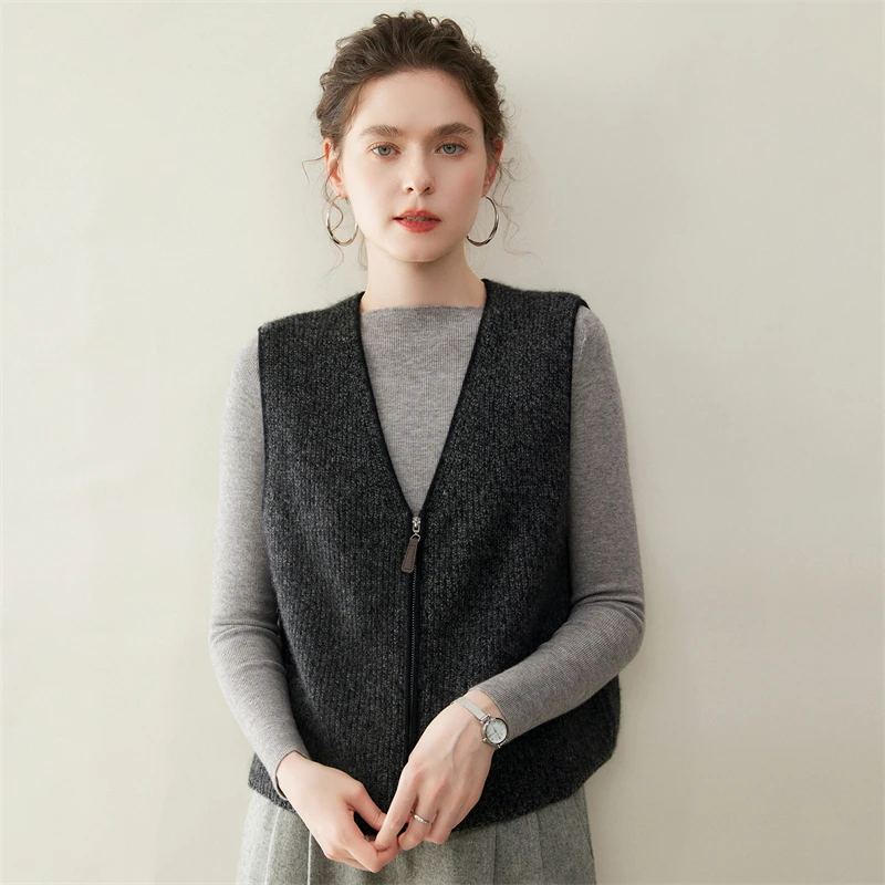 جديد شيك المرأة الخامس الرقبة سستة صدرية 100% سترة الكشمير المعنقة الخريف الشتاء أكمام سترة بسيطة الكشمير تريكو سترة