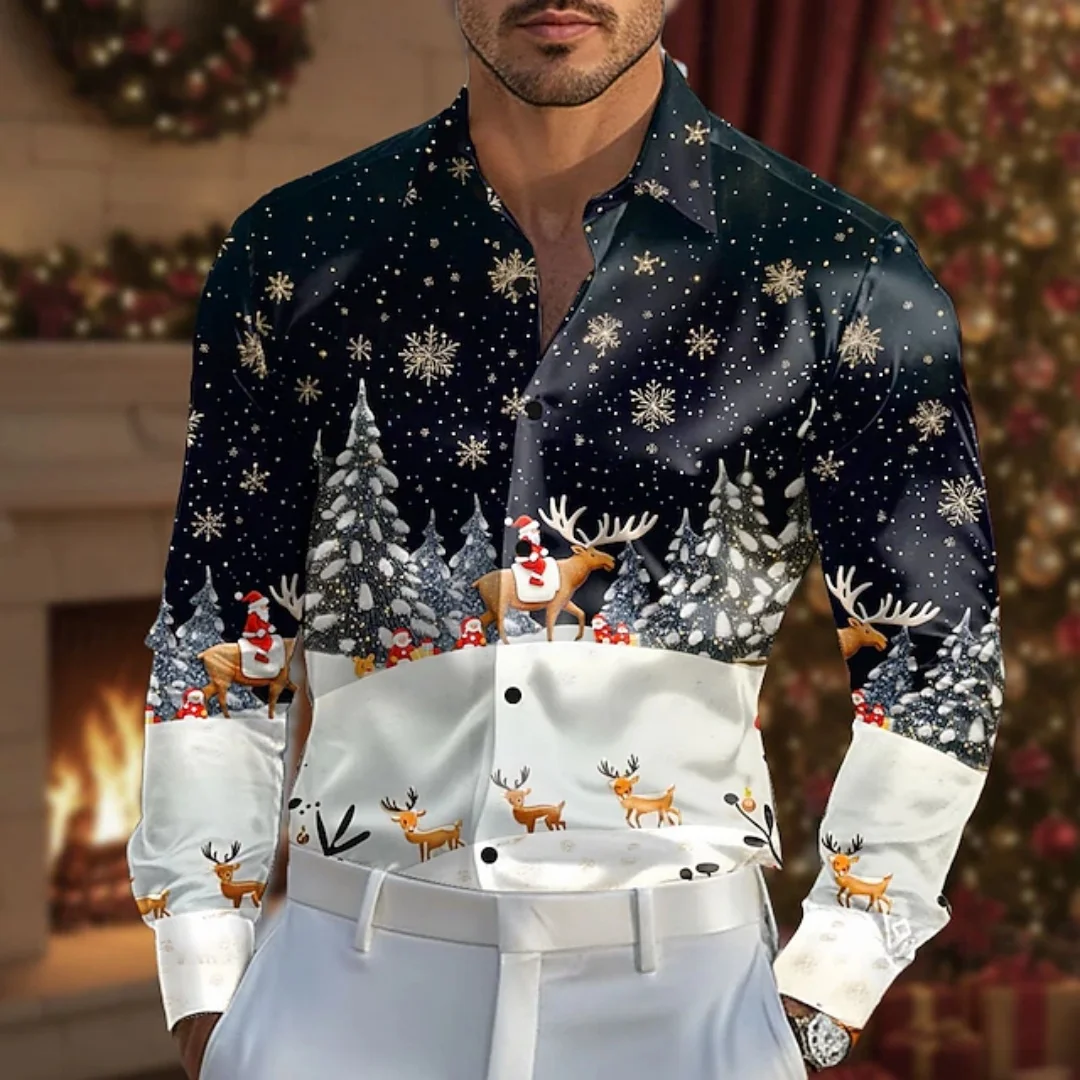 

Men's Christmas shirt, tree and snowflake pattern T-shirt, large size, long sleeve, street style men's shirt