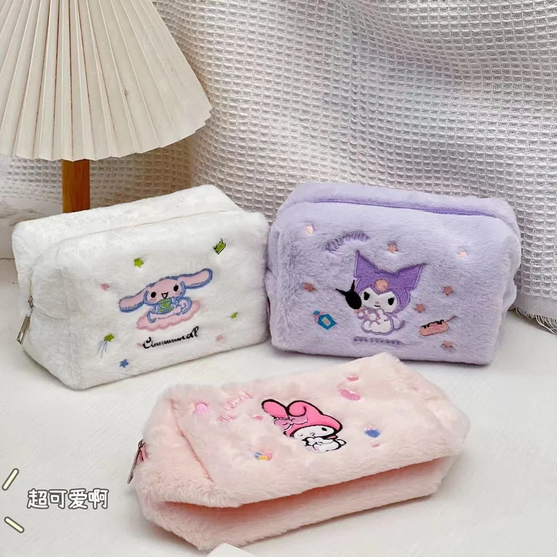 Sanrio Plush Pencil Case Kawaii Cinnamoroll Kuromi My Melody Large Capacity Pencils Bag Pen Case School Supplies Stationery Gift